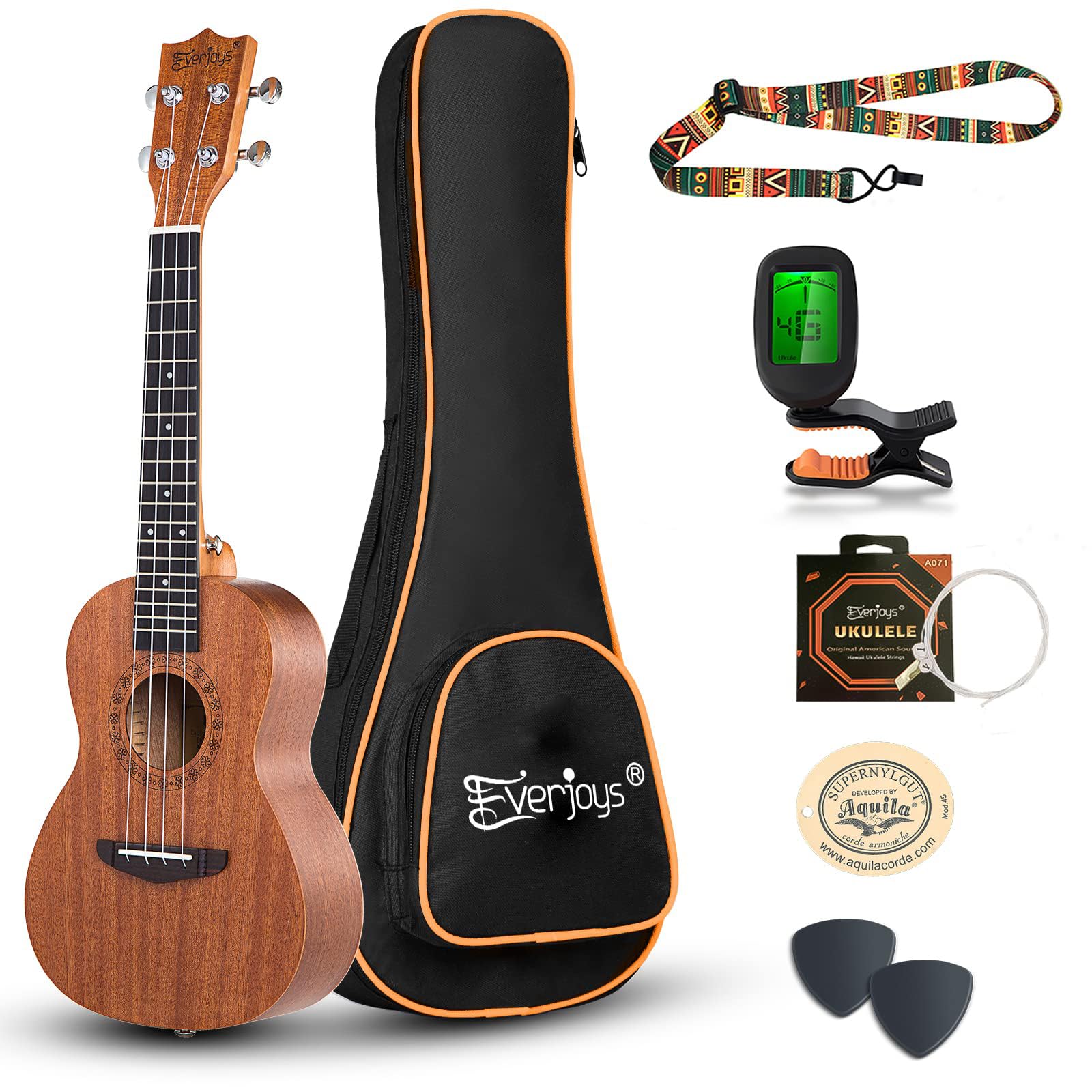 Everjoys Concert Ukulele Mahogany - 23 inch Professional Wooden Ukelele Free Online Lesson Uke Strap Case Digital Tuner picks Aquila String