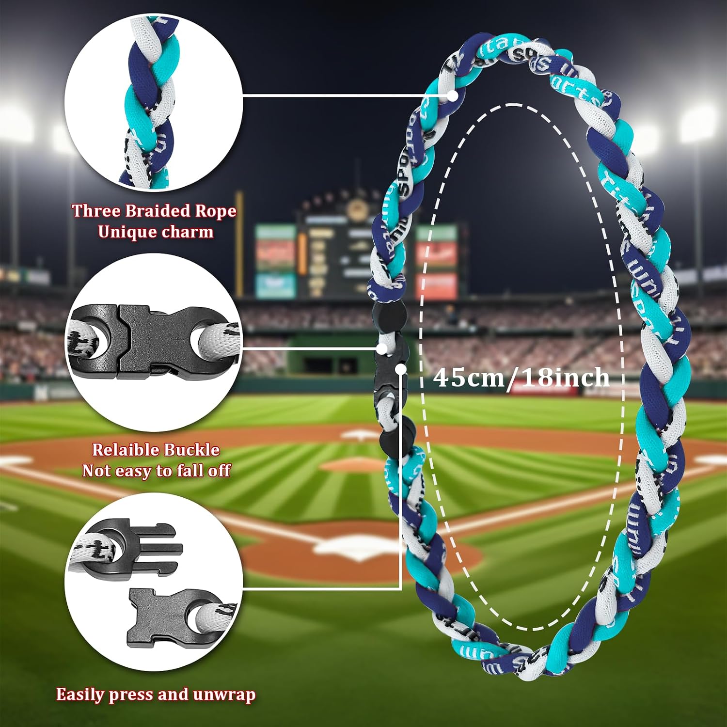 12 Pack Baseball Necklace 18inch, Three Braided Tornado Rope Design Baseball Necklace, Team Gift Party Favors, Sports Parties for Baseball Funs