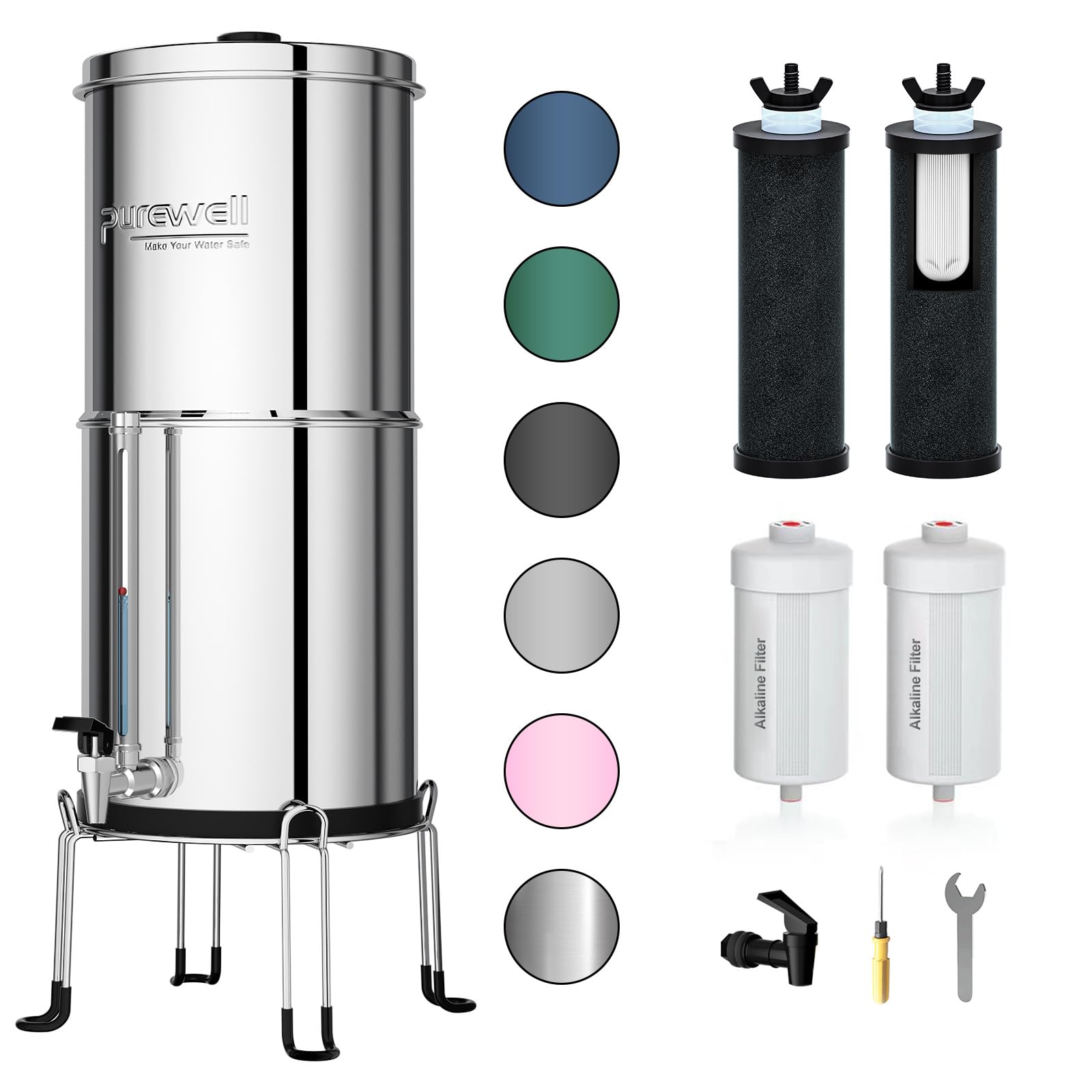 Purewell 6-Stage Alkaline Water Filter System, 0.01μm Ultra-Filtration Countertop System with 4 Filters, Metal Water Level Spigot and Stand, pH 8-9, 2.25G, PW-OB-PH