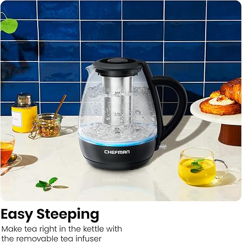 Miniatura 8 de Chefman Hervidor eléctrico con infusor de té, 1 litro, 1500 W, tapa extraíble para una fácil limpieza, protección contra hervido y seco, filtro de