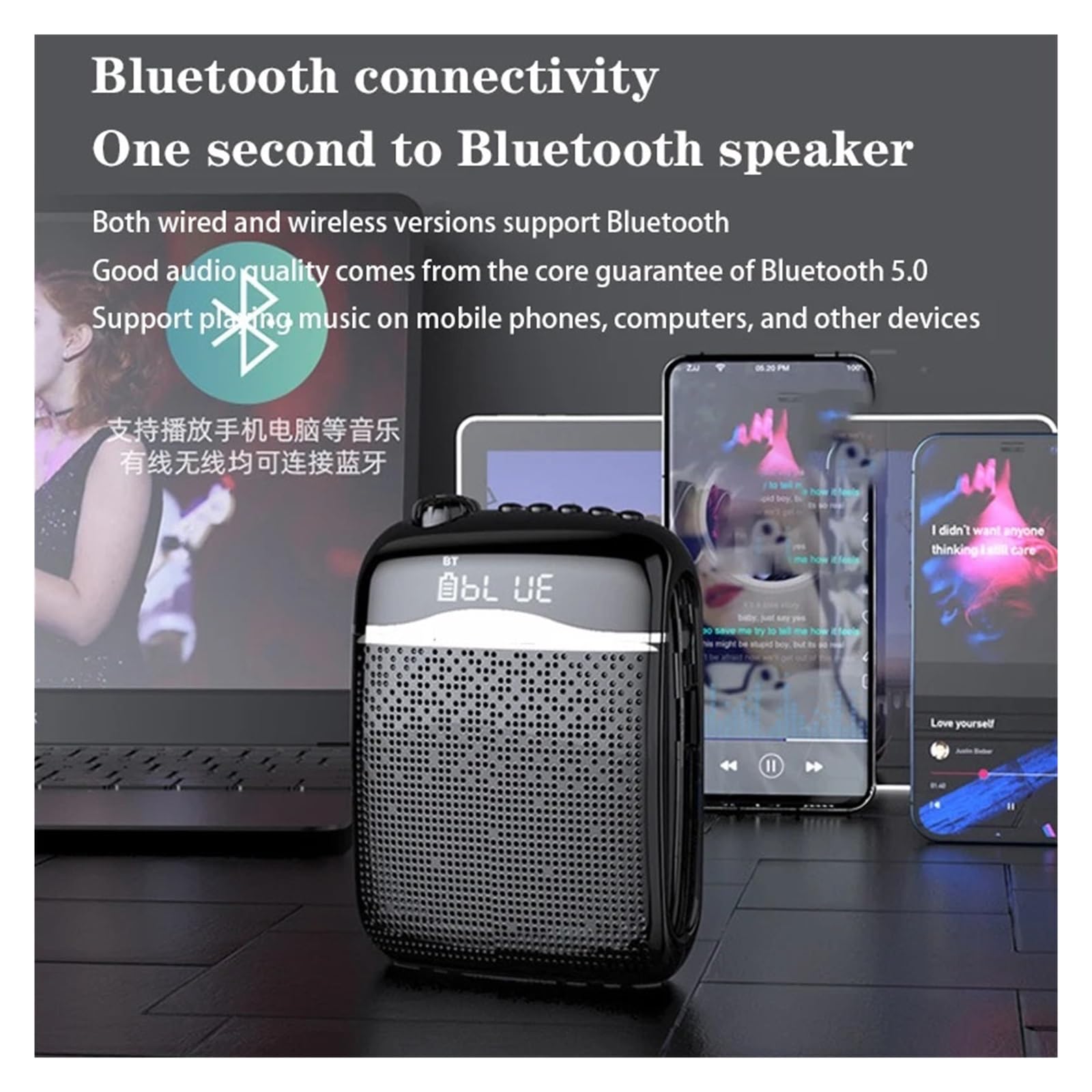 Amplificatori Vocali Wireless Cablati/2.4G Microfono 5.0 Altoparlante Insegnante Scuola Guida Turistica 20W Radio FM Portatile Megafoni per l'Insegnamento(Black-2.4G Wireless)