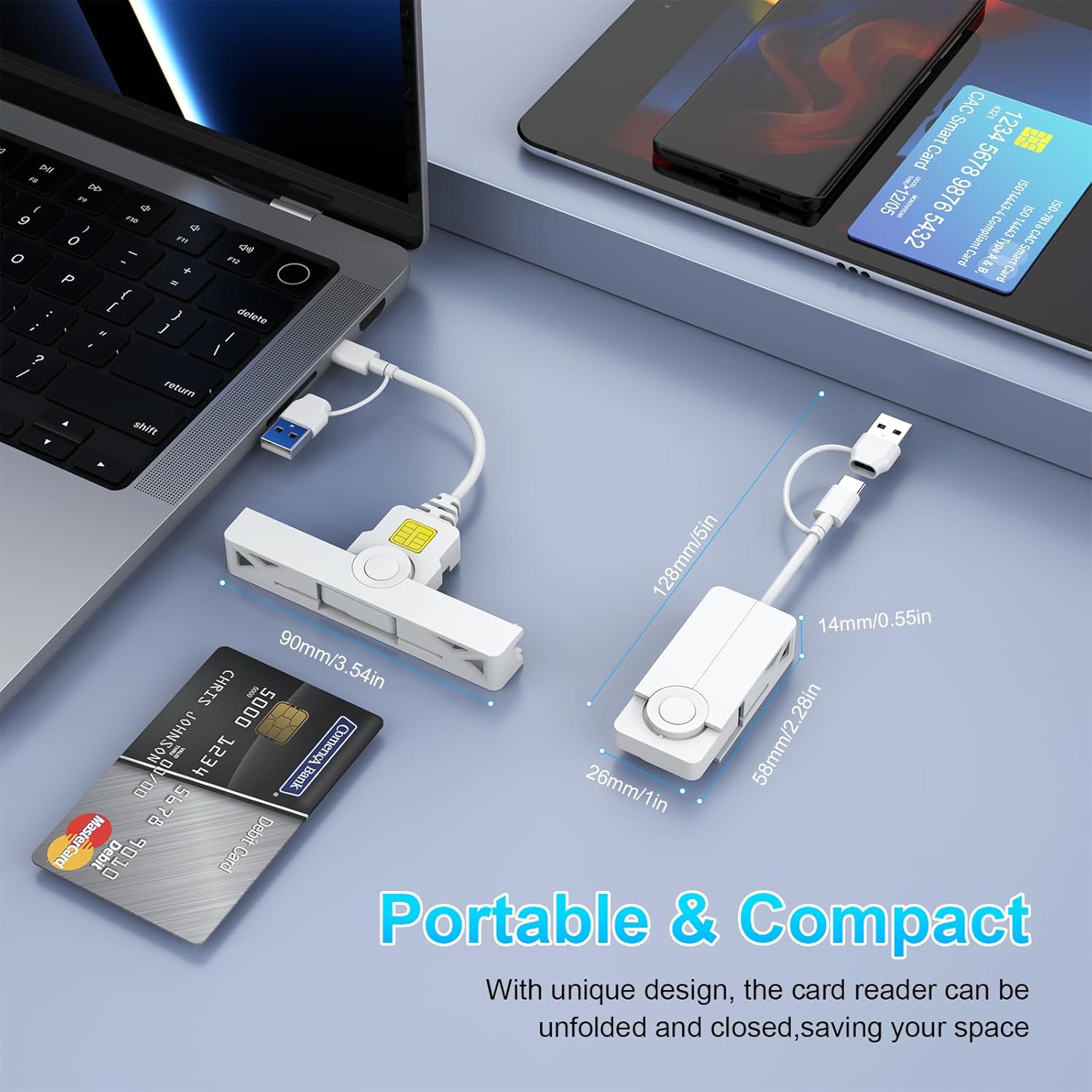 Four close-up images showing the Rocketek CAC Card Reader's details: the smart card chip slot, the USB-A and Type-C connectors, a smart card inserted, and the folded compact form factor.