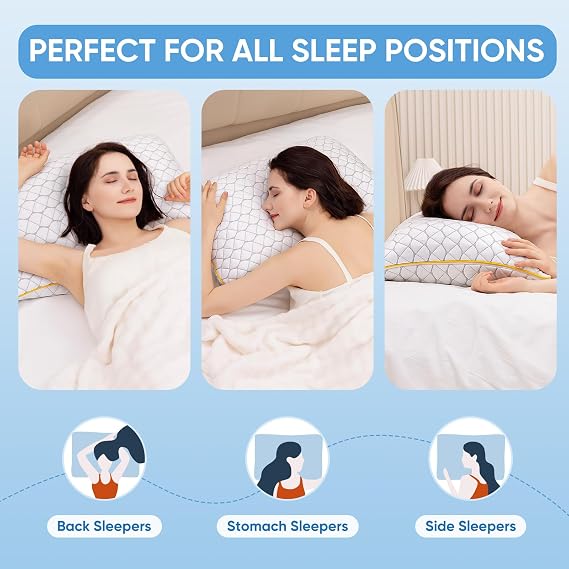 Pillow Shredded Memory Foam Pillow for Sleeping, Adjustable Firmness Bed Pillows for Neck & Shoulder Support, Cooling Pillows with Dual Sided Removable Cover for Side Back & Stomach Sleepers, 72x47cm