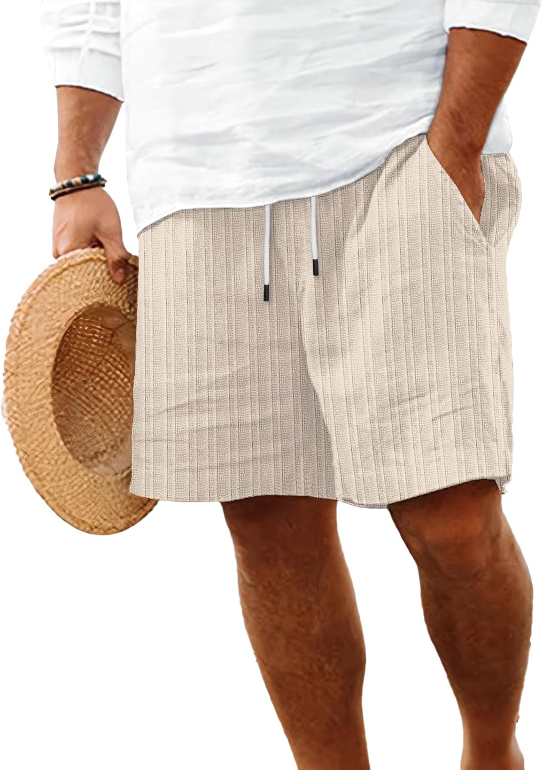 Mens Linen Shorts Flat Front Casual Elastic Waist Drawstring Summer Beach Vacation Shorts with Pocket(9Inch)