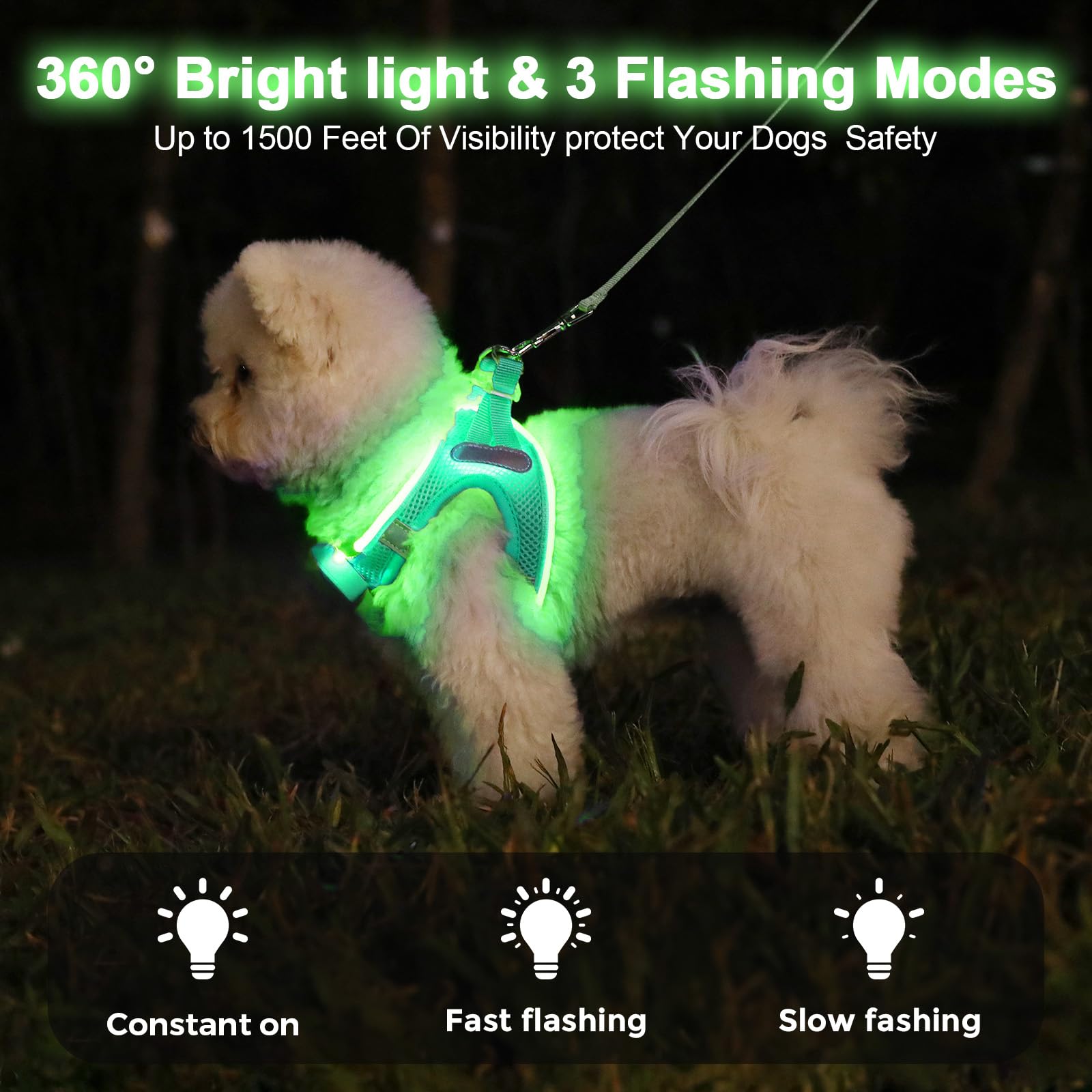 Imbracatura per cani illuminata, imbracatura per cani ricaricabile a LED per cani di piccola taglia e media | Gilet di sicurezza riflettente illuminato per passeggiate notturne e campeggio, leggero e regolabile, verde chiaro, L