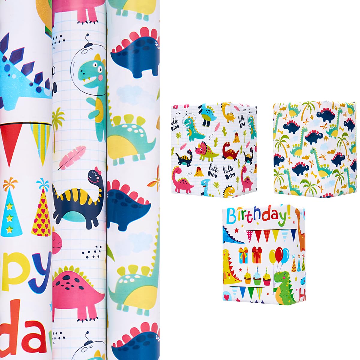 3 Rolls Birthday Gift Wrapping Paper : 43cm x 3M Lovely Animal Pattern Wrapping Paper for Kids Birthday Gift Wrapping — image 1