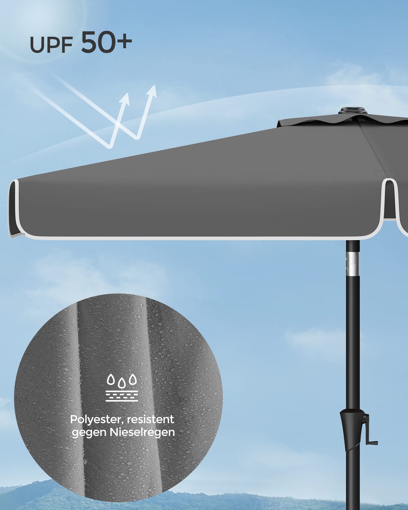 SONGMICS Sonnenschirm 200 x 150 cm, rechteckiger Balkonschirm, Sonnenschutz UPF 50+, beidseitig um 30° knickbar, für Garten, Terrasse, ohne Ständer, grau GPU048G01