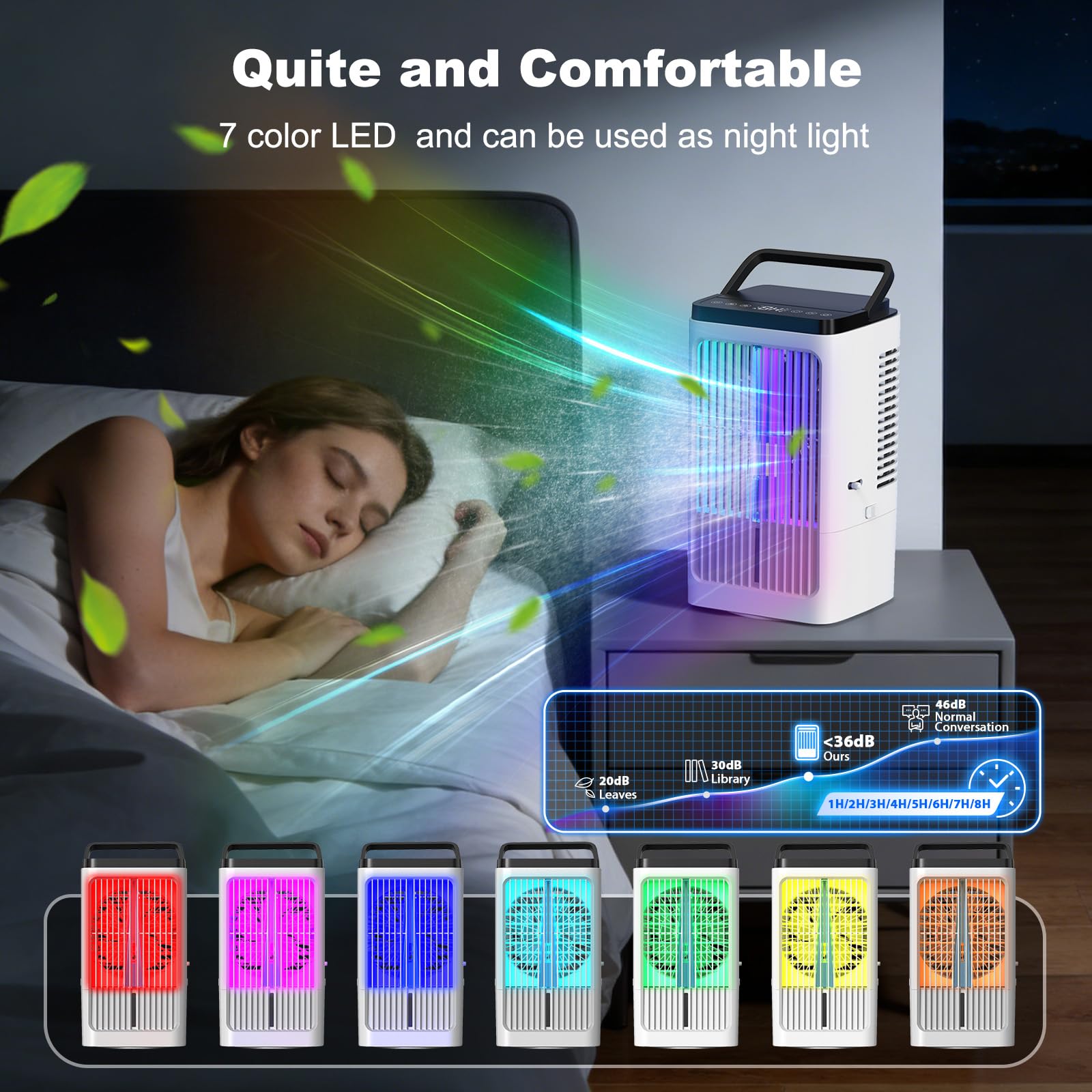 Climatiseur Mobile avec Reservoir 1200ML, Rafraichisseur d'air Silencieux avec Oscillation à 90°, 4 Vitesses, 2 Modes de Brumisation, Minuteries pour Chambre Cuisine Bureau, Blanc cassé