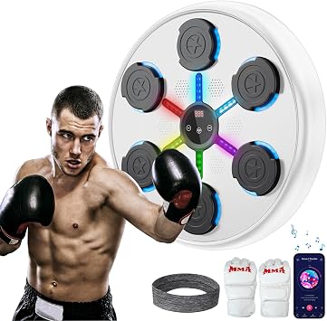 jiaao Boxing Machine for Adults, Wall Mounted Music Punching Pad with 9 Speed Modes, Bluetooth Connectivity, LED Display, Includes Boxing Gloves and Headband for Fitness at Home or Gym-White