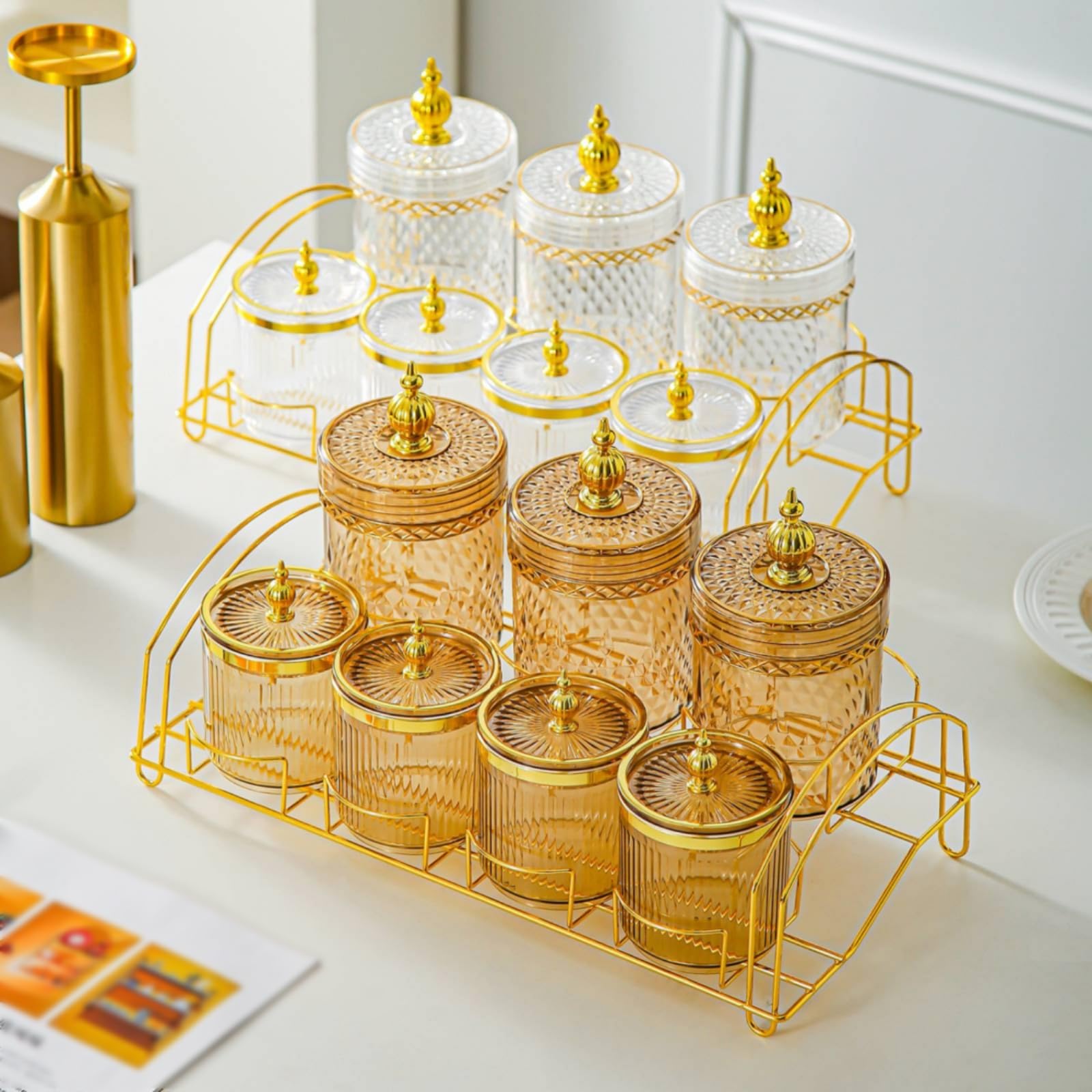 Tarros Herméticos con Estan Ahorran Espacio Plástico con Organizador Recipiens Tapa Hermética para Encimera, Cocina, Amber, Plum Blossom