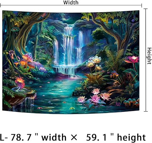 Miniatura 8 de Generleo Tapiz de bosque con diseño de hongos, flores, galaxia, cascada, colorido, floral, plantas, tapiz de pared, tapiz estético de fantasía,