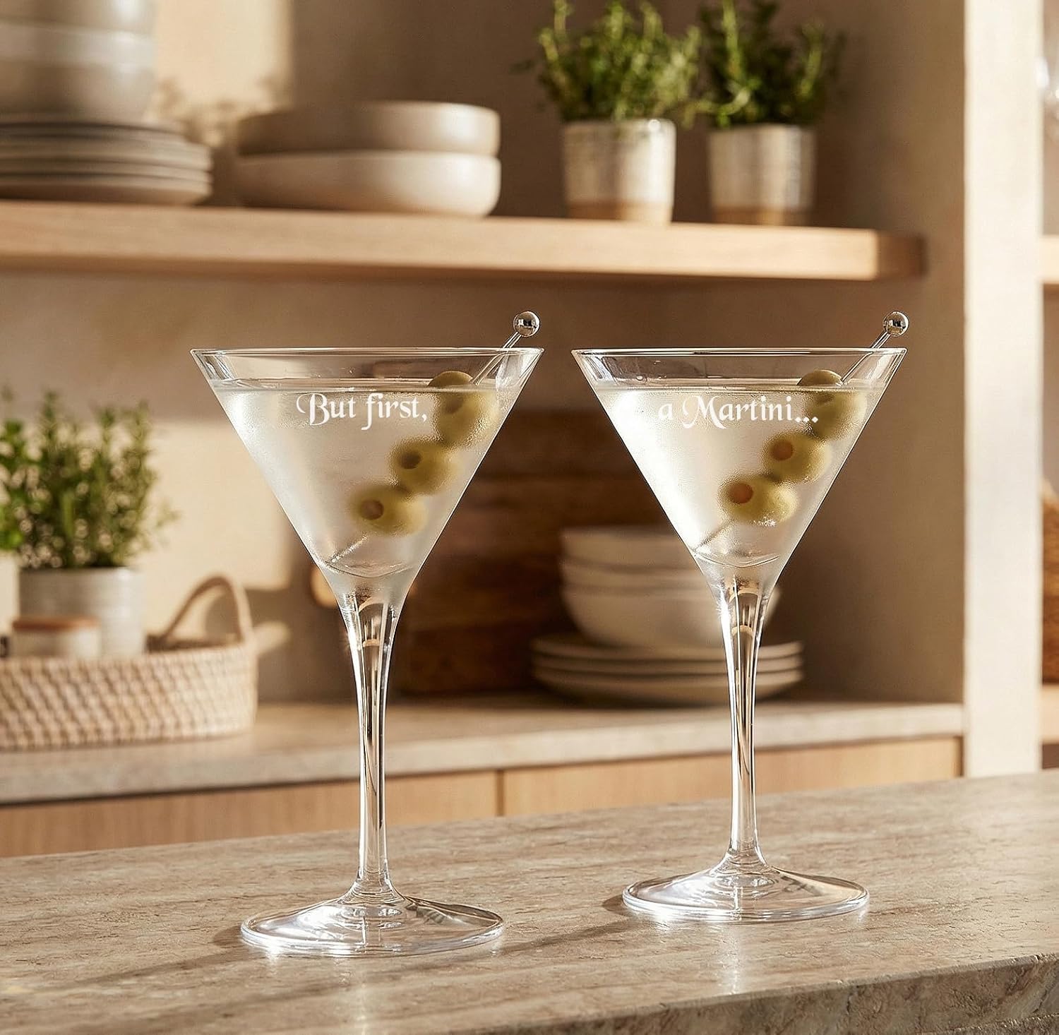 Orrefors Personalized More Martini Glasses, Set of 2 Custom Engraved 6.4oz Crystal Martini Glasses for Cocktails, Home Bar Accessories
