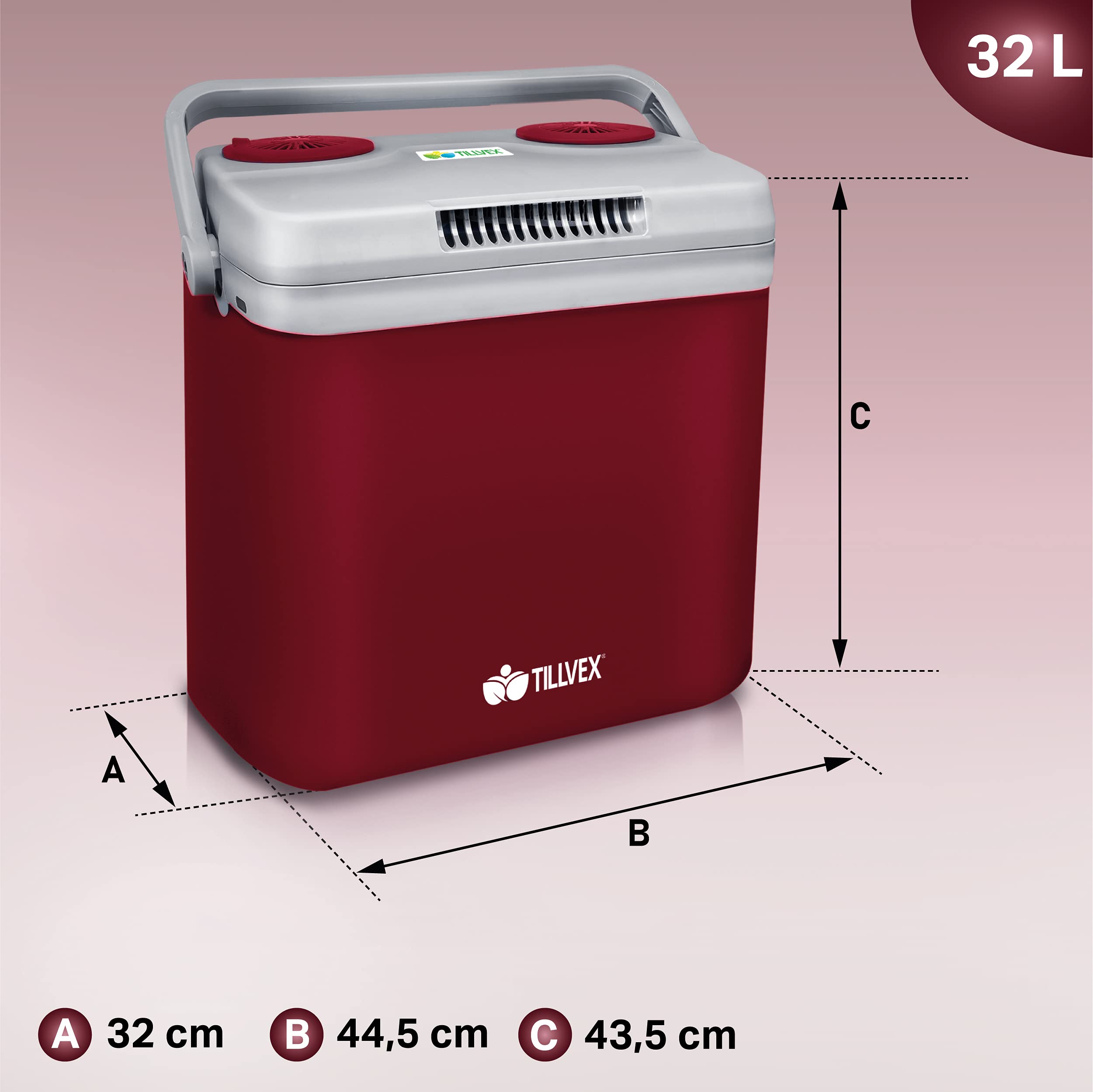 tillvex lodówka elektryczna 32L | Mini-lodówka 230 V i 12 V do samochodu, kempingu | chłodzi i ogrzewa | tryb ECO (czerwony)