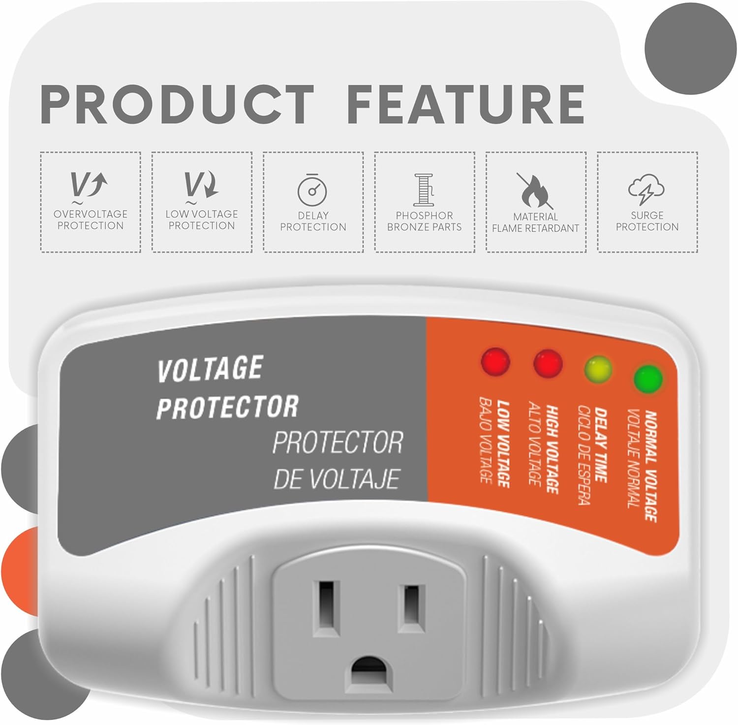 Refrigerators Surge Voltage Protector Multi Function Plug Single Outlet, Over Voltage/Under Voltage 140J Surge Protection for Air Conditioners & Home Appliances 120V 15A 1800W
