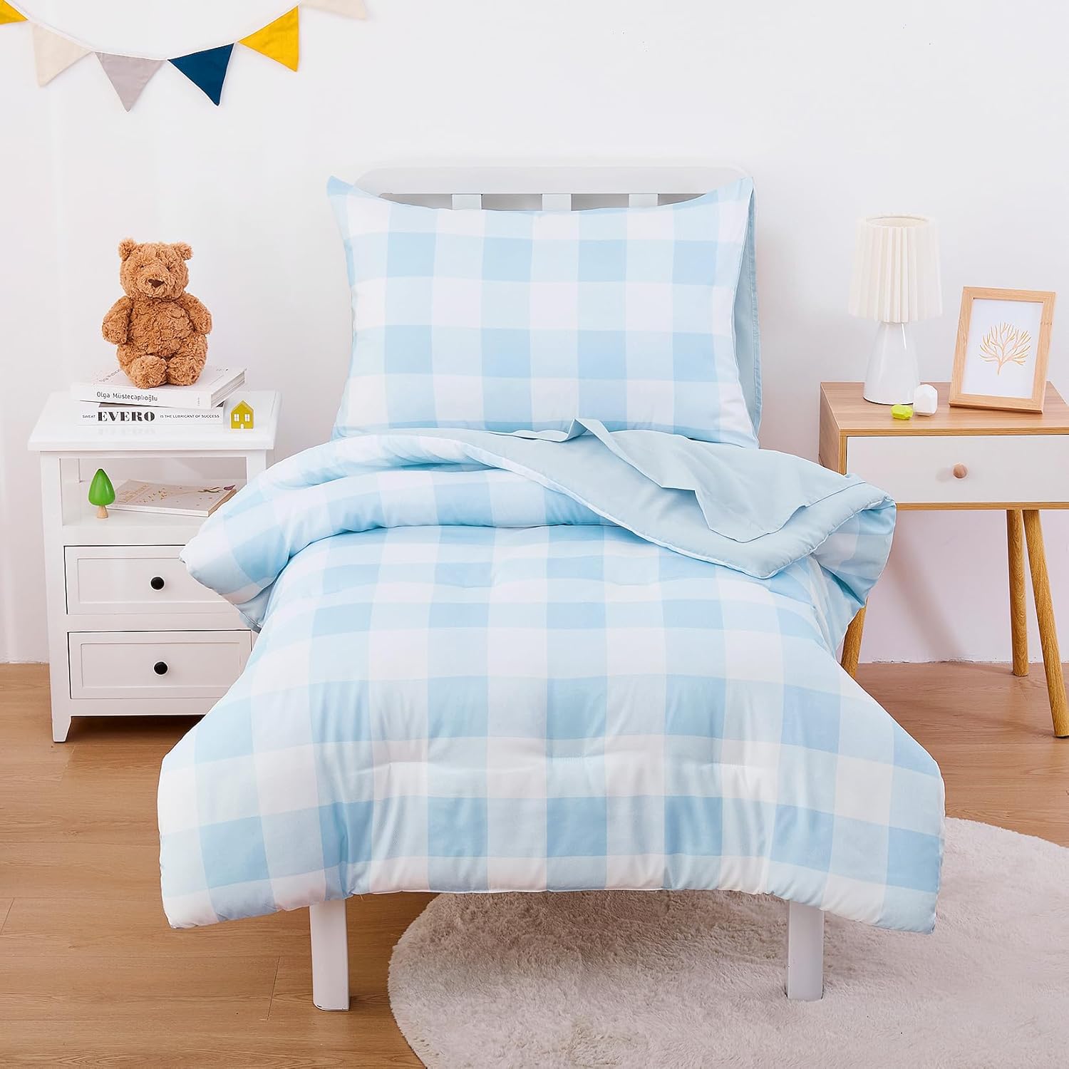Wake In Cloud - Gingham Toddler Bedding Set for Girls Boys, Cute Plaid Buffalo Check, 4 Pieces Soft Crib Bed Set Including Comforter, Sheets and Pillowcase, Light Blue