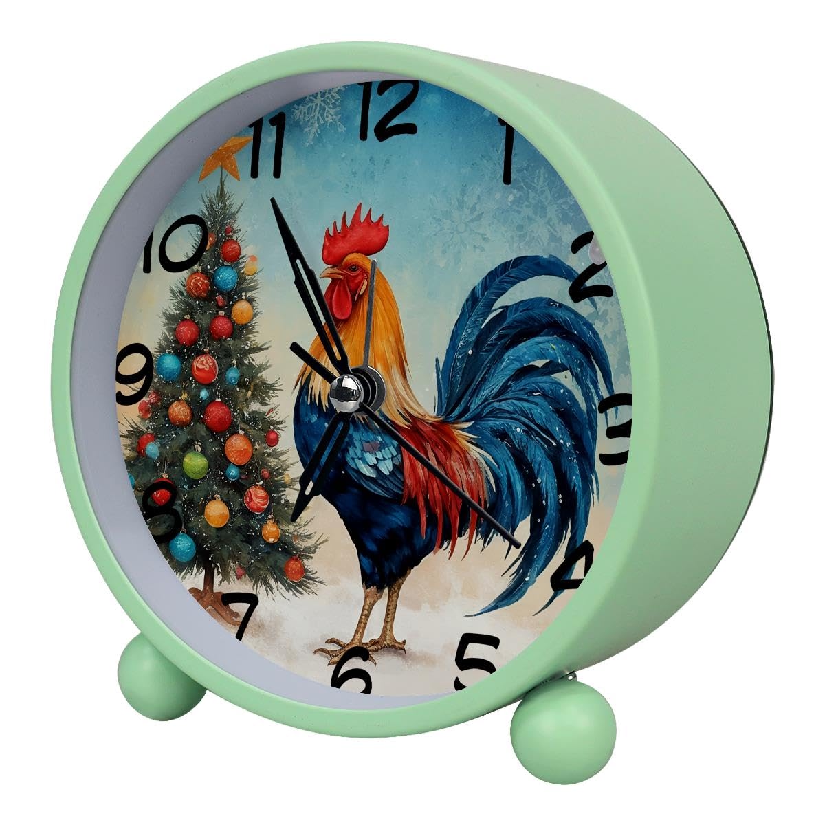Luoweisi Analog Alarm Clock Christmas Tree Rooster, Silent Non-Ticking with Night Light, Battery Operated, Round Desk Alarm Clock for Office, Bedroom, Elderly, Adults, Children, Student Gifts