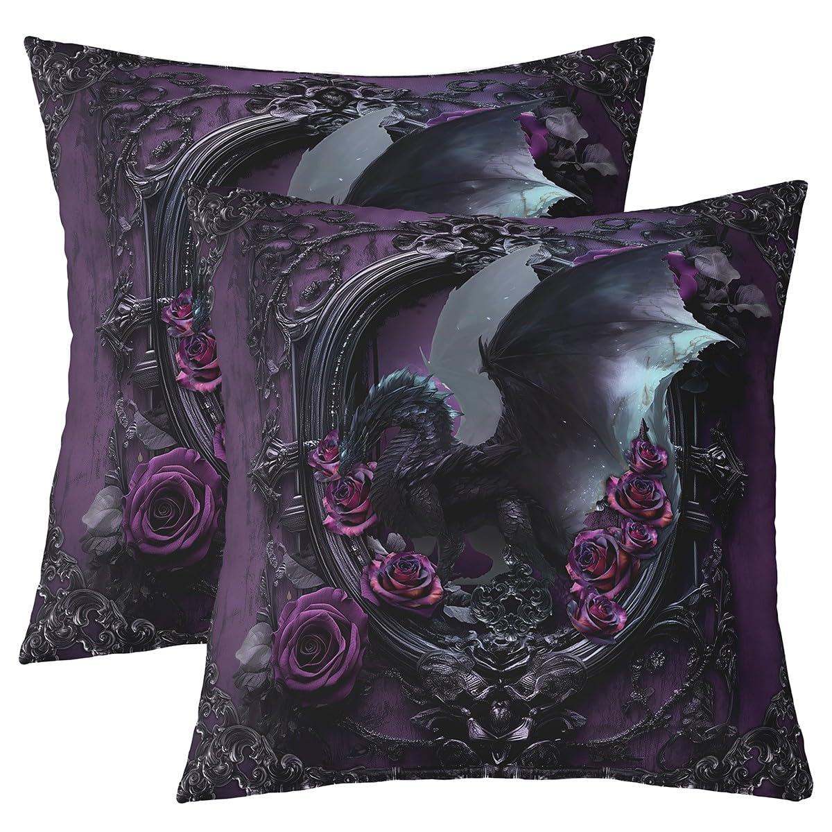 Western Dragon Throw Pillow Covers (Pack of 2),Purple Black Rose Cushion Cover for Kids Girls Boys Gothic European Floral Pillow Cases Vintage Magical Living Room Sofa Bed Decor,16"Lx16"W