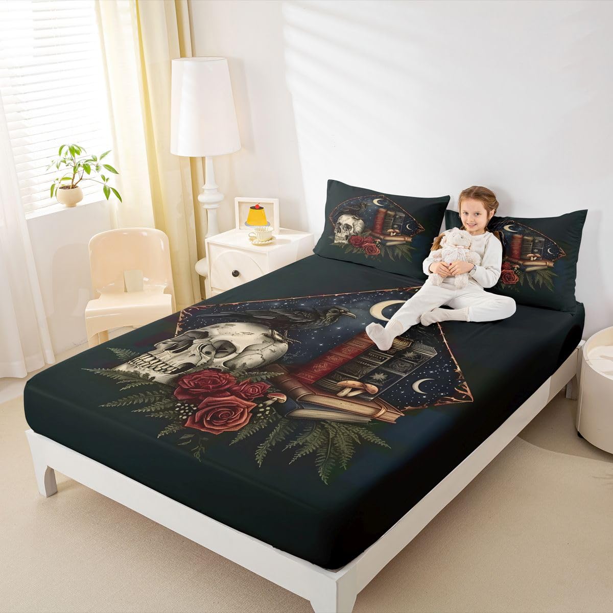 Homewish Lenzuolo con angoli king size, motivo teschio gotico, 3 pezzi