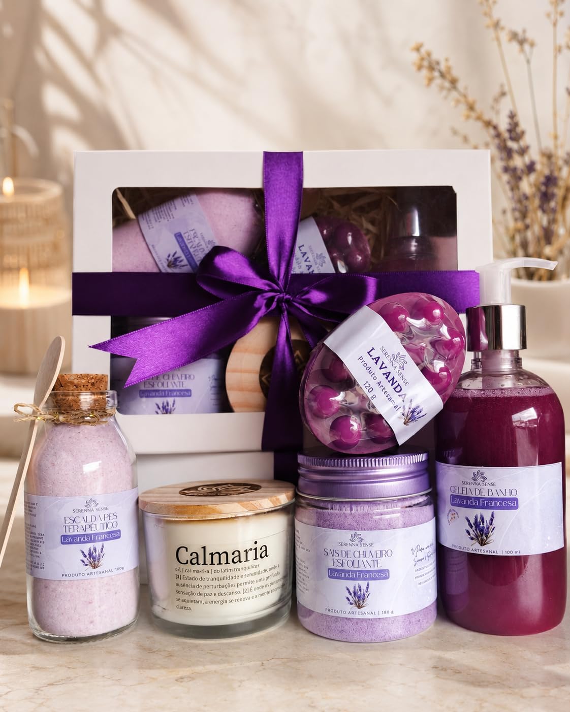 Kit presente SPA completo+Vela aromática+Geleia de banho+Sais de banho+Escalda pés+Sabonete Massageador Lavanda Francesa