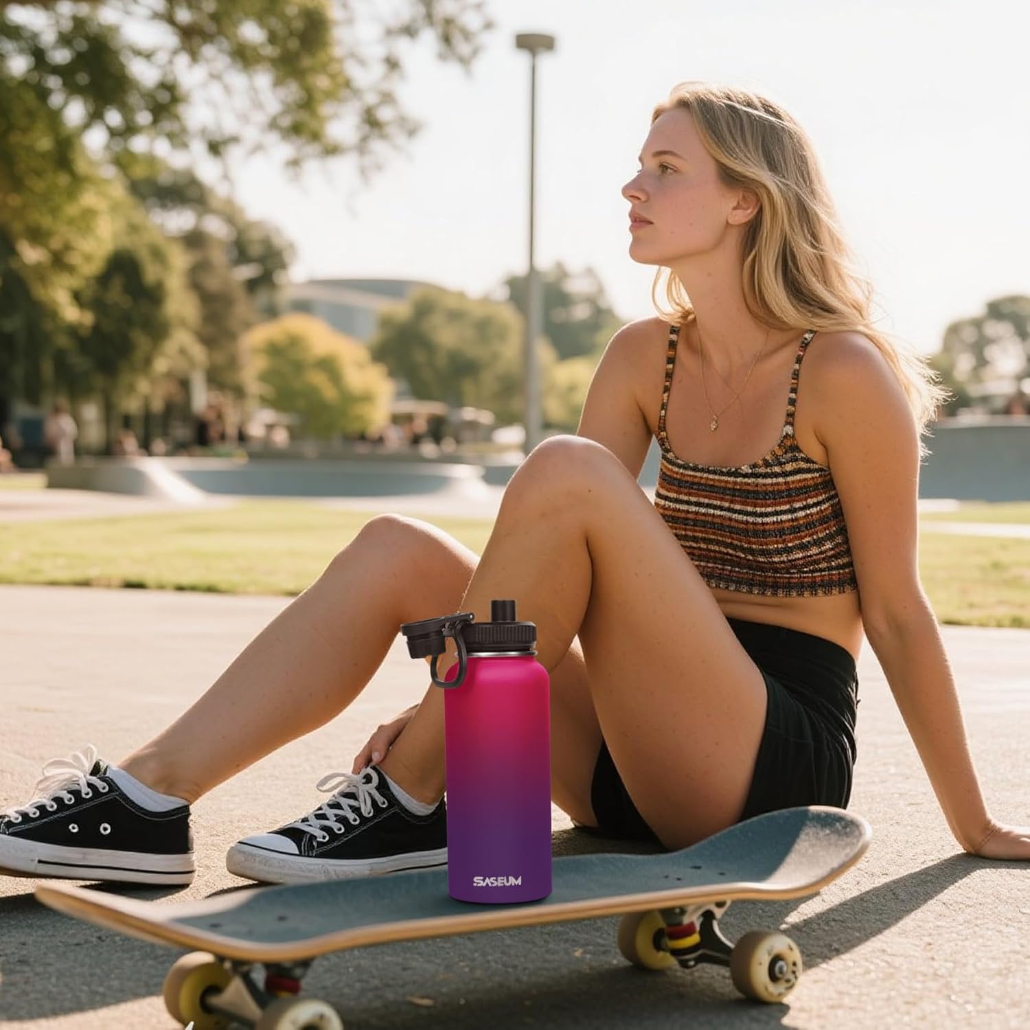 SASEUM Insulated Stainless Steel Water Bottles 32oz with Spout Lids Metal Vacuum Thermal Large Water Jug Leak-proof Reusable Flask for Sports Gym and Travel,Red-Purple - Image 5