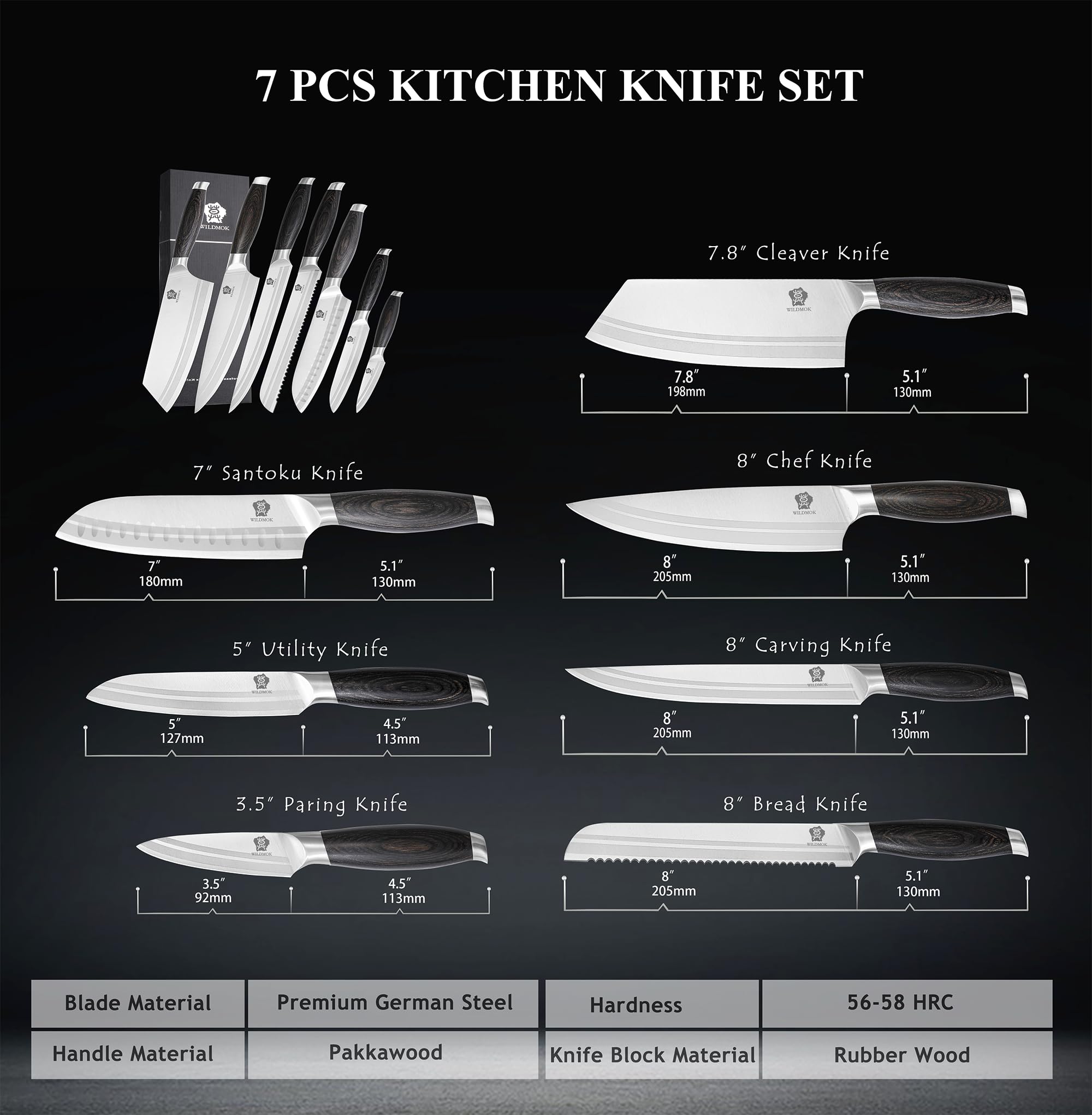WILDMOK Set di coltelli da cucina a 7 pezzi professionale, set di coltelli da chef affilato in acciaio inossidabile tedesco con manico nero pakkawood, scatola regalo
