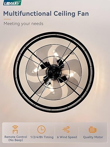 Miniatura 4 de LEDIARY - Ventilador de techo 22 pulgadas con jaula y luz, diseño industrial sin aspas, estilo granja, para cocina, dormitorio, exterior, control