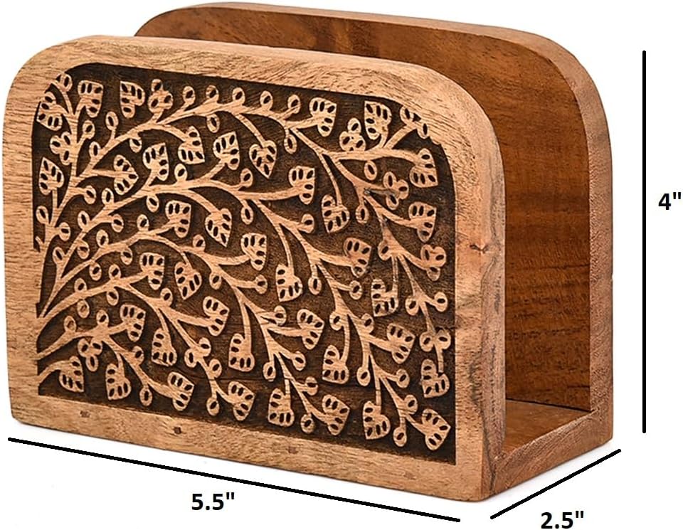 Kimona Napkin Holders Acacia Wood, Woodcarving Stylish & Durable Napkin Stand for Paper Napkins for Kitchen Dining Room Table Décor (5.5" X 2.5" X 4")