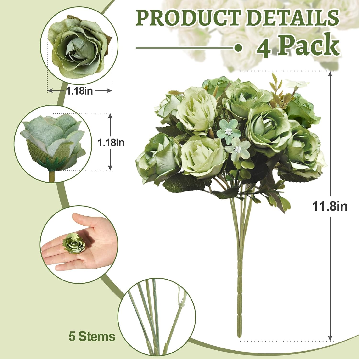 5 Stems 10 Heads Artificial Flowers Mini Roses with Leaf Bridal Bouquets for Wedding Centerpieces Indoor Home Table Decoration(4 Pack, Green) - Image 2