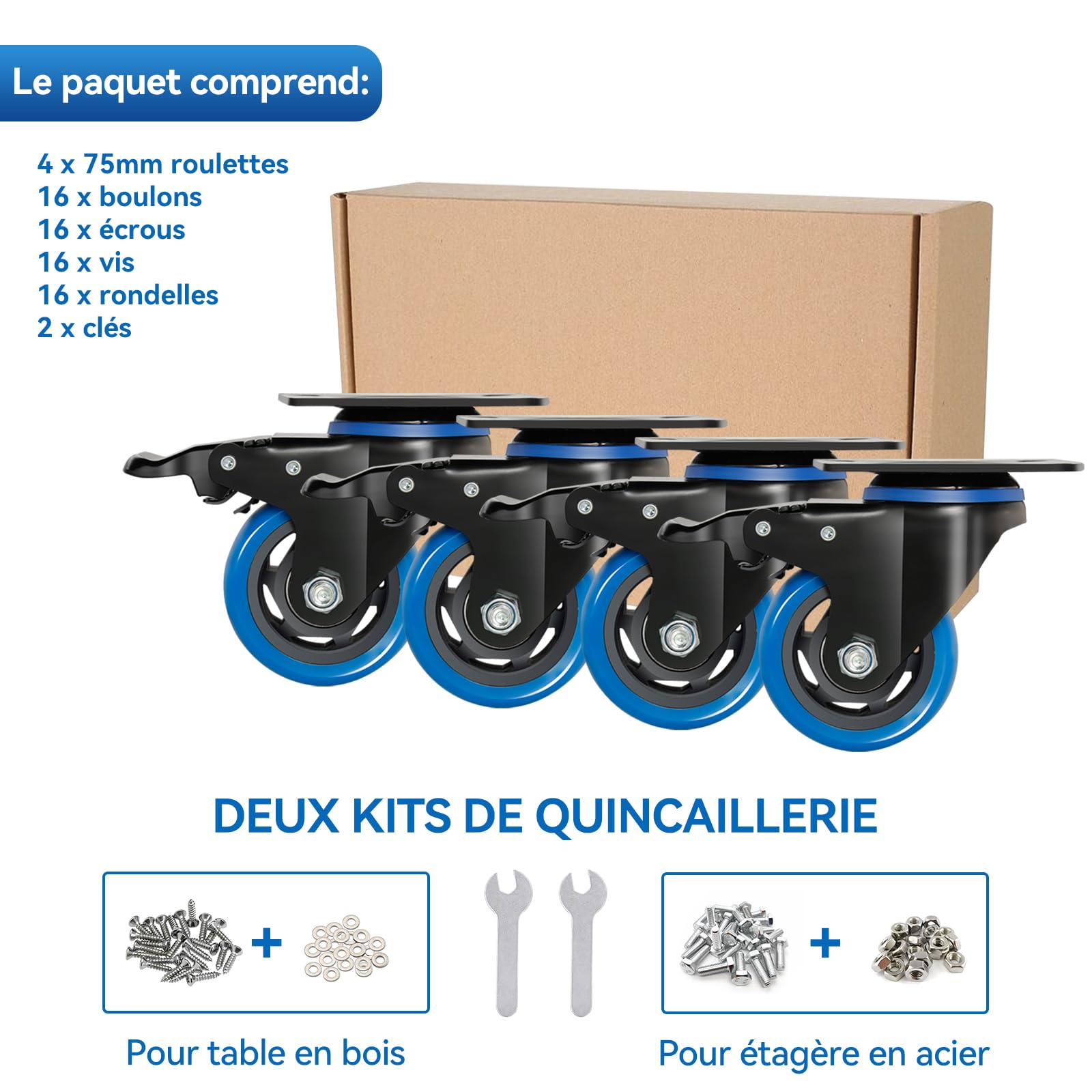 Lot de 4 Roulettes Pivotantes Bleues 75mm avec Frein - Charge Lourde 500KG, Rotation à 360 Degrés pour Meubles, Chariots et Établis