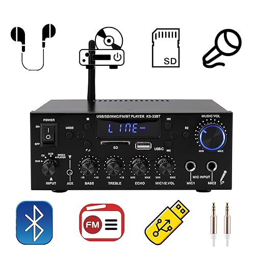 Miniatura 2 de Amplificador de audio 800W, amplificador estéreo para el hogar con 2 canales, RMS 60Wx2, Bluetooth 5.0, mini amplificador HiFi con eco, micrófono,