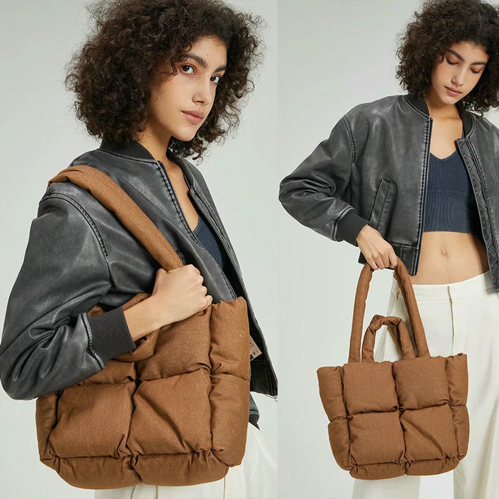 Borsa a Mano Donna Borse Tracolla da in Cotone Imbottito con Morbida Denim alla Moda, Inverno Caldo-Marrone