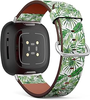 CJBROES Replacement Leather Watch Band, Compatible with Fitbit Versa 3 and Fitbit Sense of Wristband Bracelet Accessory - Green Palm Leaves White