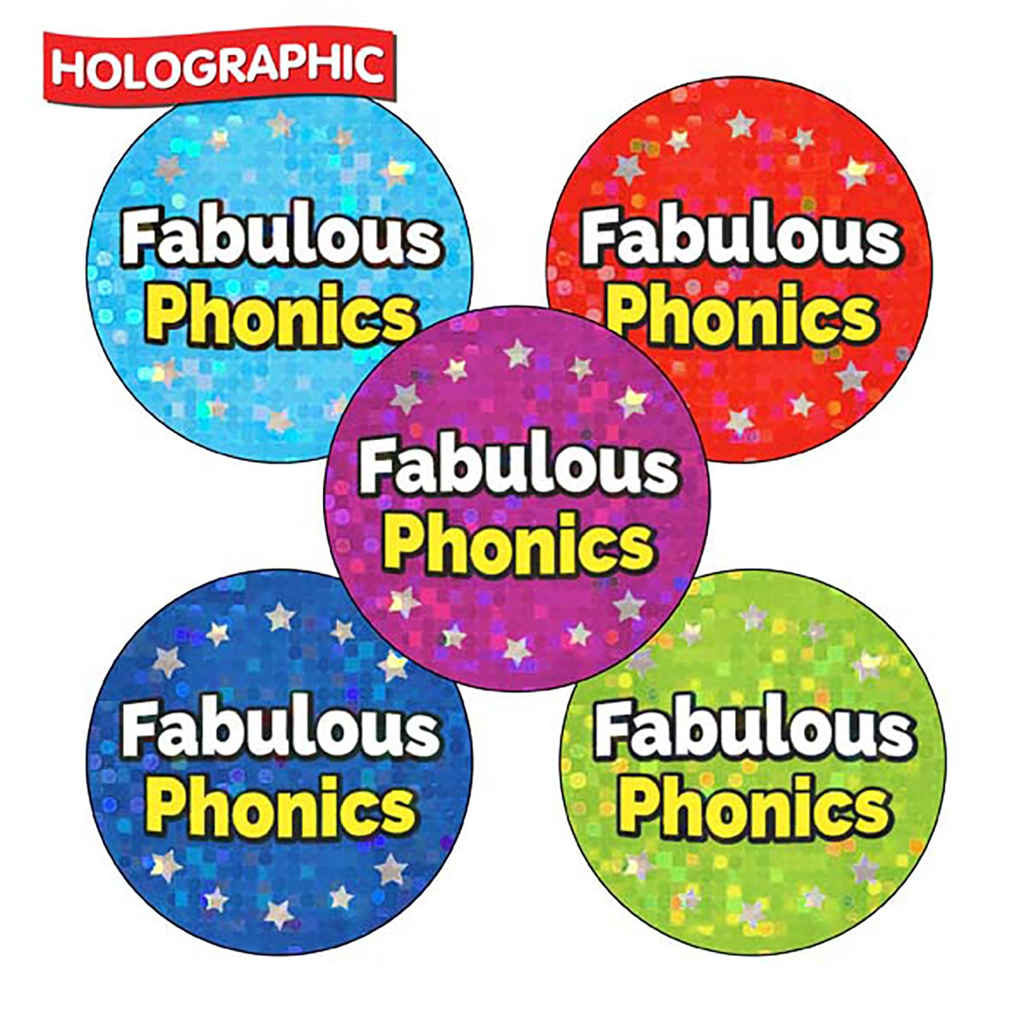 150 Holographic Sparkly Fabulous Phonics Literacy Childrens Pupils School Praise Teachers Reward Stickers 25mm Primary Teaching Services