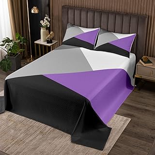 Geometric Pattern Patchwork Kids Bedspread King Size,Abstract Geometry Art Style Coverlet Set,Girls Boys Adults Room Decor,Purple Black Grey Quilted Coverlet,Fashion Bedding Quilt,2 Pillowcases