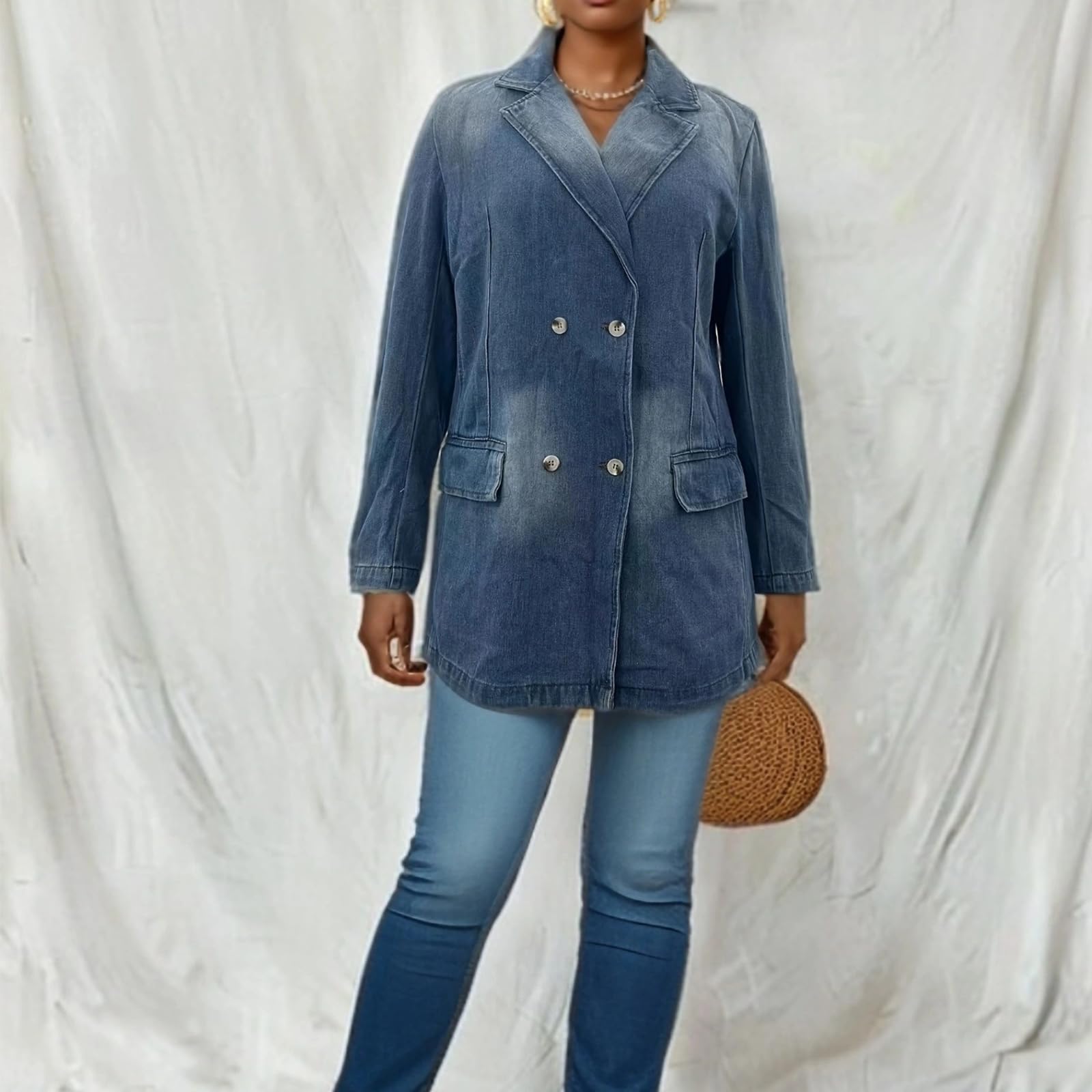 Chaqueta Vaquera con Solapa para Mujer Blazer Vaquera Lavada Vintage Chaqueta de Mezclilla de Trabajo de Manga Larga Moda Botones Abrigo Jean Cazadora Vaquera Informal con Bolsillos