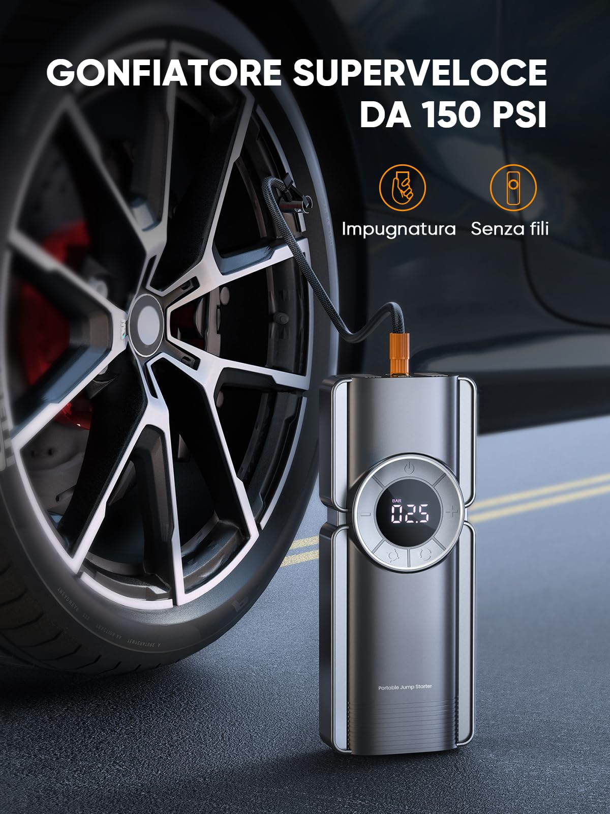 Avviatore Batteria Auto con Compressore, 20000mAh 3000A Avviatore Emergenza per Auto 12V (9L Benzina e 8L Diesel Motori), Booster Avviamento Auto con Compressore d'aria 10,3BAR, Torcia, Ricarica USB