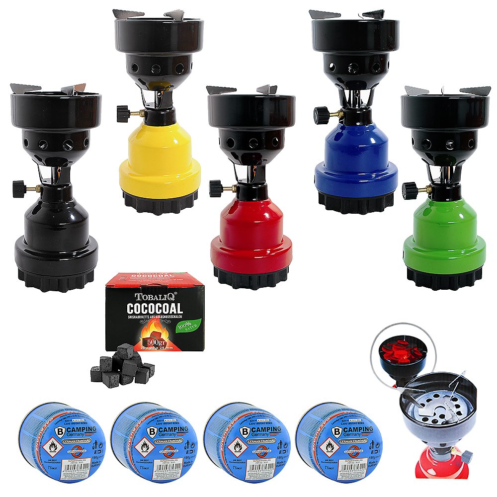Mianova Campingkocher Camping Kocher Shisha Kohleanzünder Notfallkocher Grill Anzünder Gaskocher Gaskartuschen mit 4 Kartuschen Gasflaschen Kohle Blau