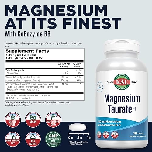 Miniatura 8 de KAL Taurato de magnesio Plus 400 mg con coenzima B6 quelado  Apoyo para la salud nerviosa muscular y cardíaca 120 unidades