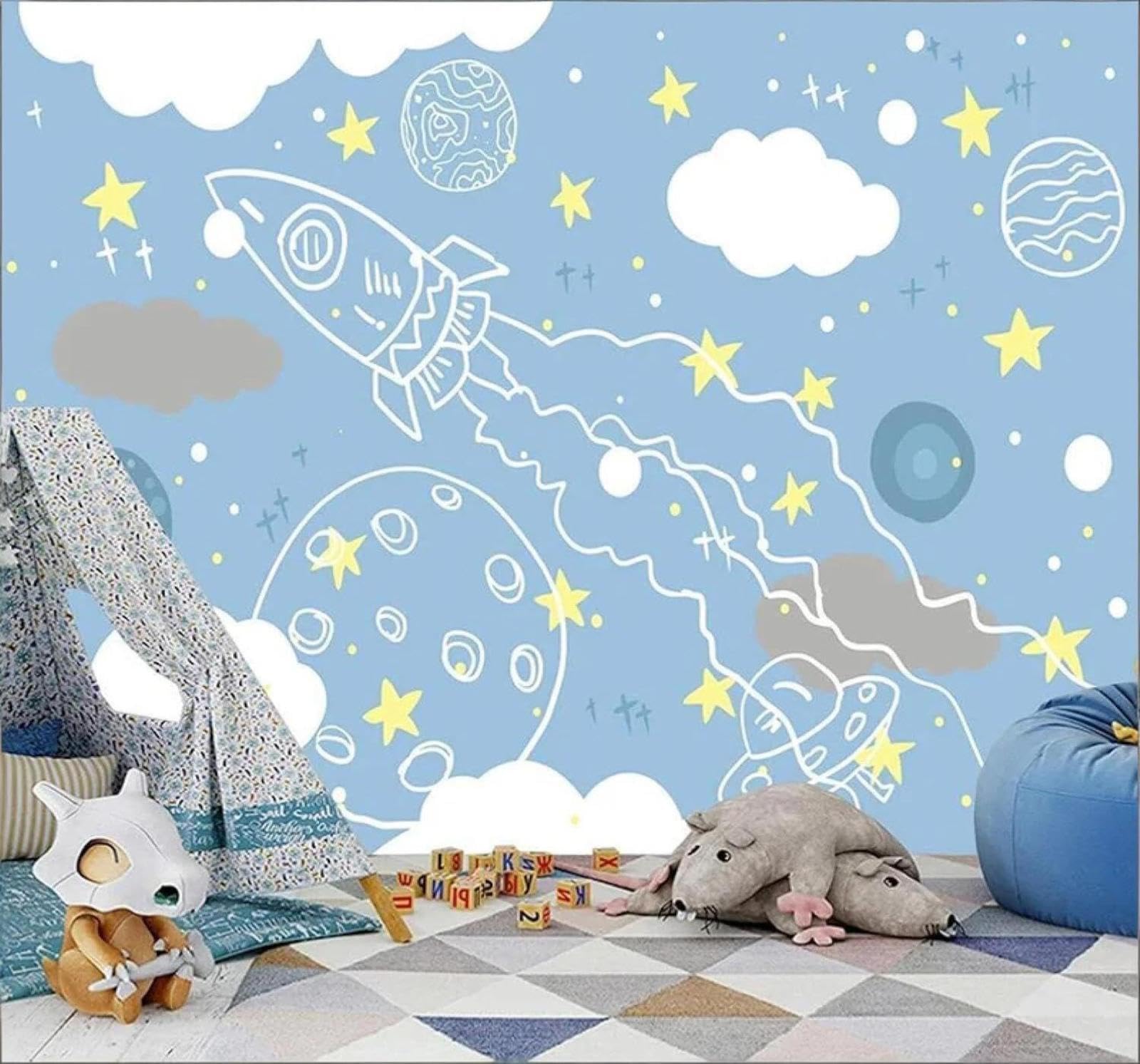 XLMING Cartoon Hand Drawn Rocket Space Starry Sky 3D Wallpaper Luxury Home Dining Decor Paste Sofa Living Room The Wall for Bedroom Mural-400cm×280cm