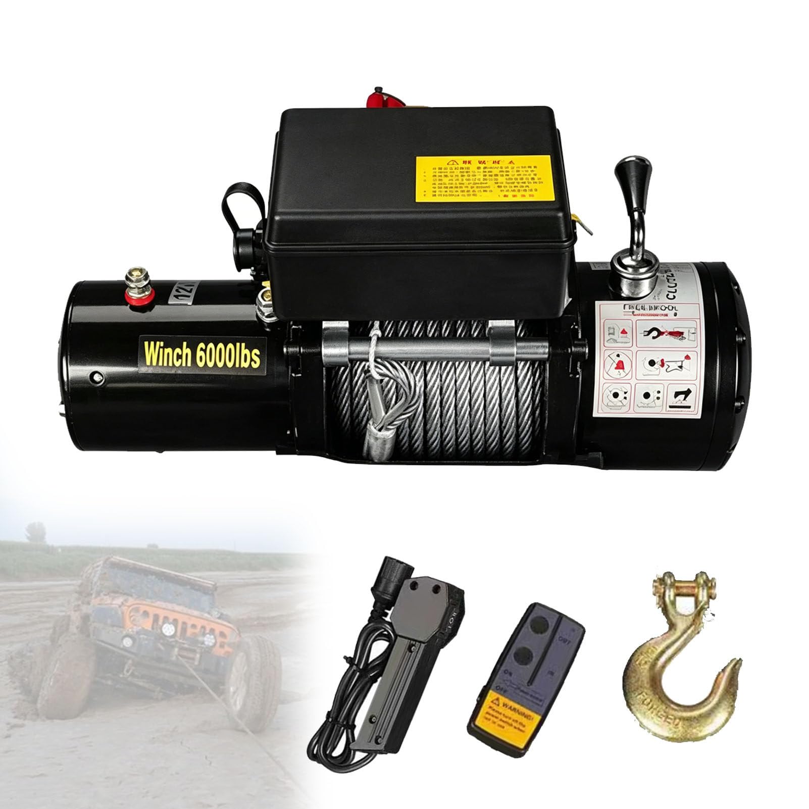 Zowdrix 4000lbs Electric Winch with Dual Remote Control (Wireless + Wired), Steel Cable, Copper Motor, Easy to Install, Off-Road Recovery Winch for Truck Trailer 24V-6000lbs