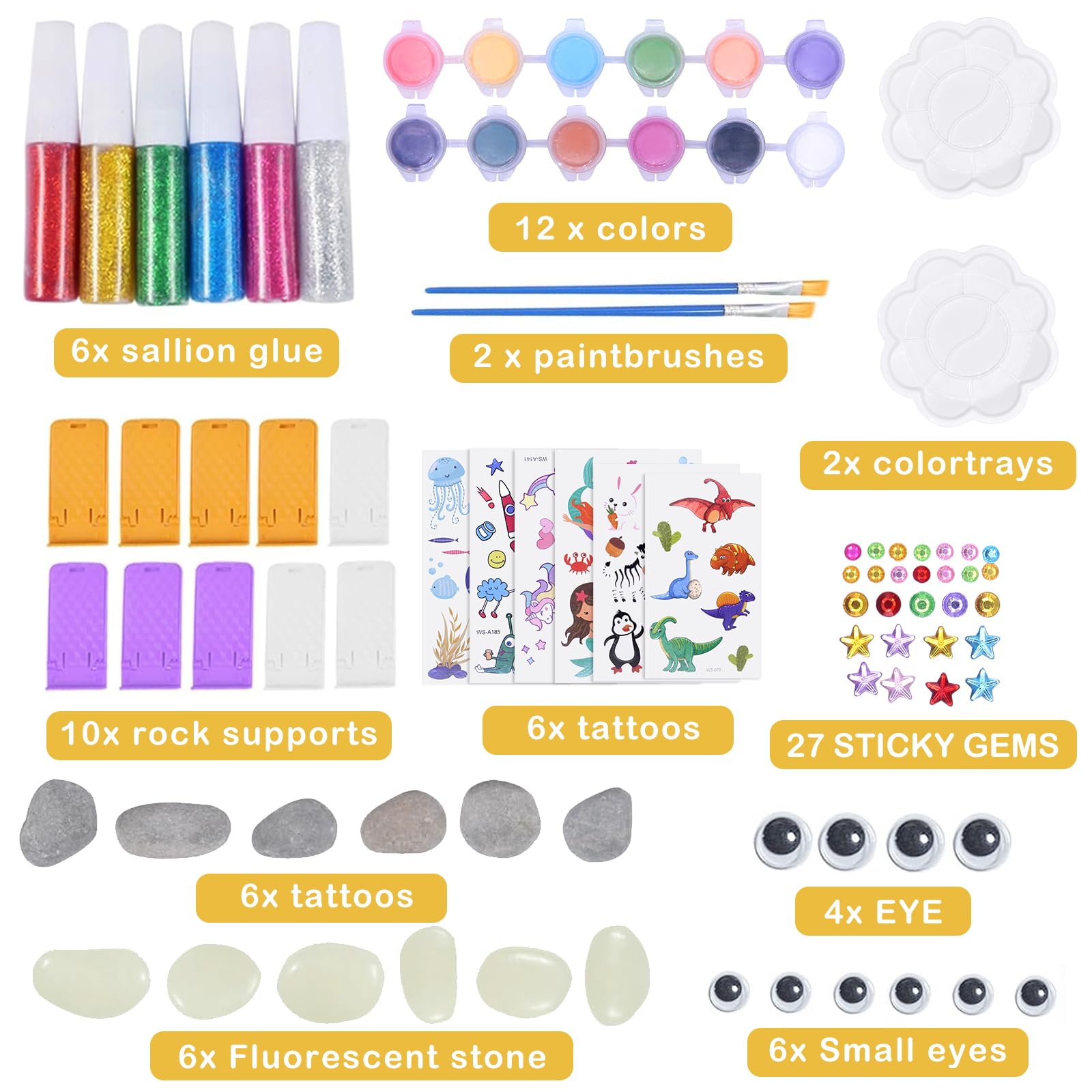 YESLUSY Kit Creativi Pittura di Pietra per Bambini con 18 Pigmenti Colori e Accessori, Regalo di Compleanno, Lavoretti Creativi dai 3 ai 10 Anni