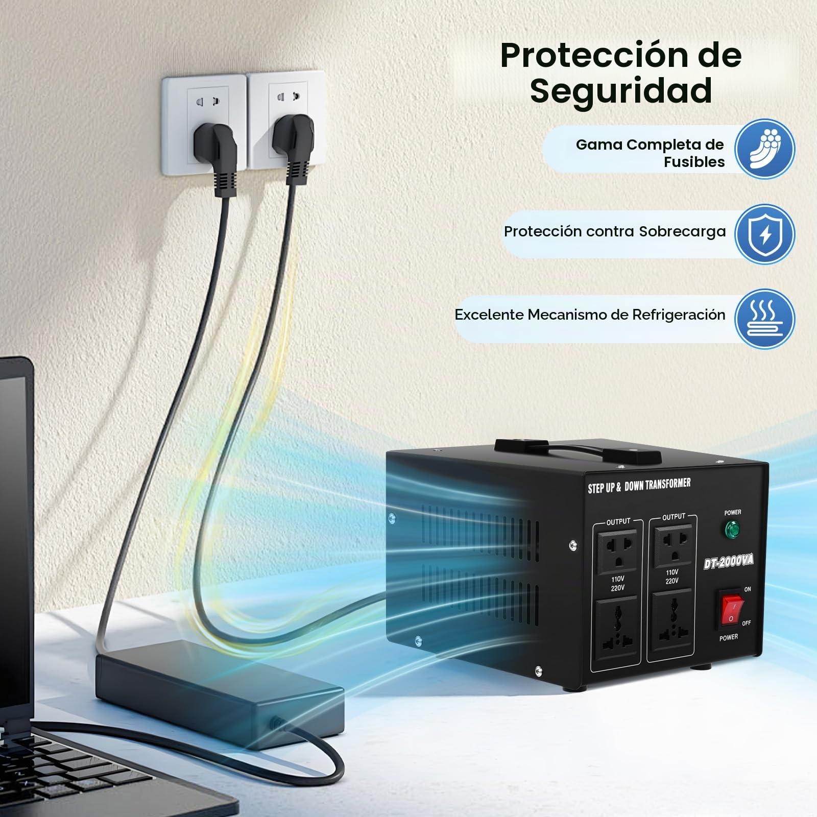Transformador de voltaje 220 V a 110 V convertidor de voltaje step-up/down 2000 W, para aire acondicionado, frigorífico, lavadora, ordenador, TV, ventiladores eléctricos