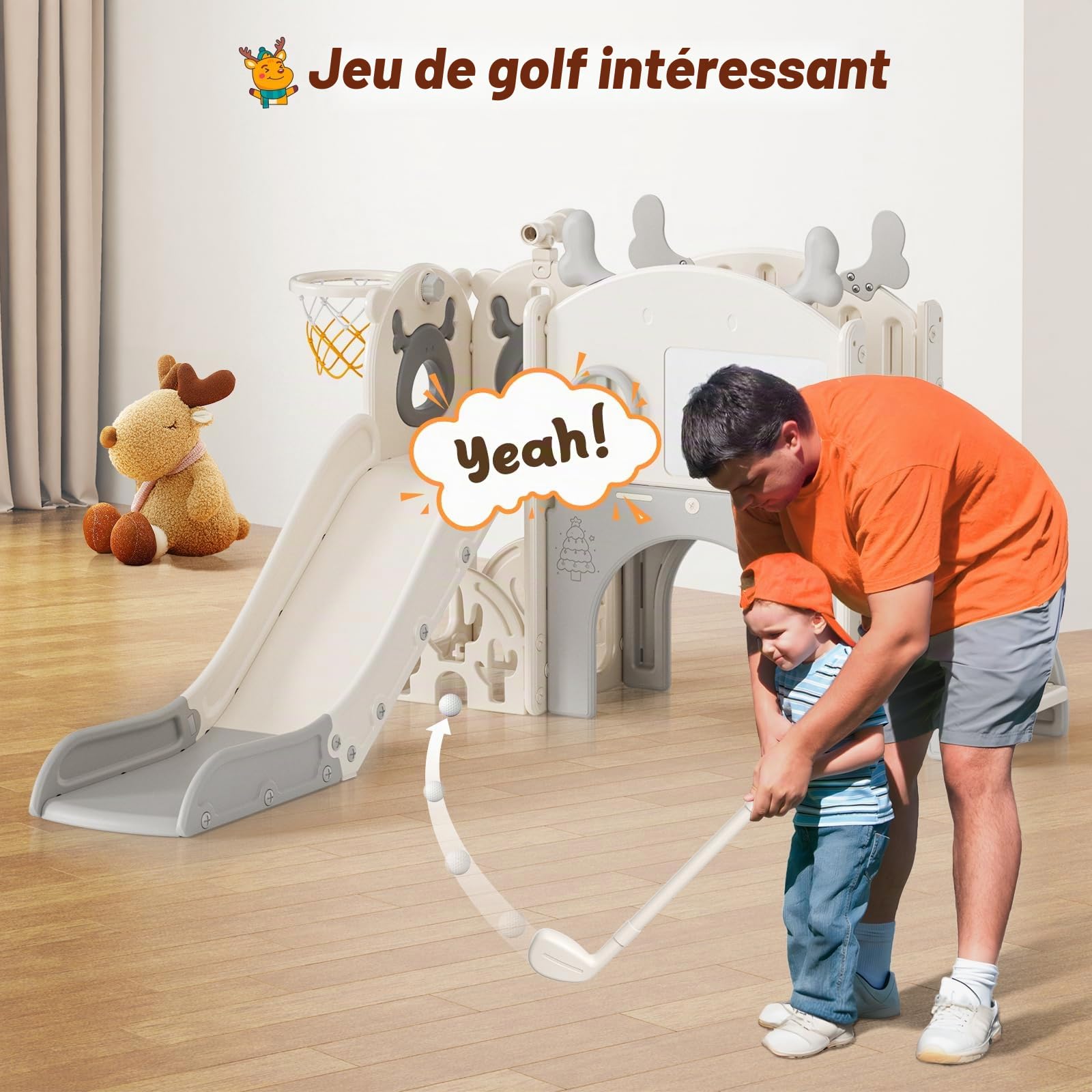 Toboggan pour Tout-Petits sur Le thème de l'élan de Noël de Krovtoy, Toboggan pour Tout-Petits Autonome avec Ensemble de Golf, pour Une Utilisation intérieure/extérieure (Beige Gris- 6 en 1)