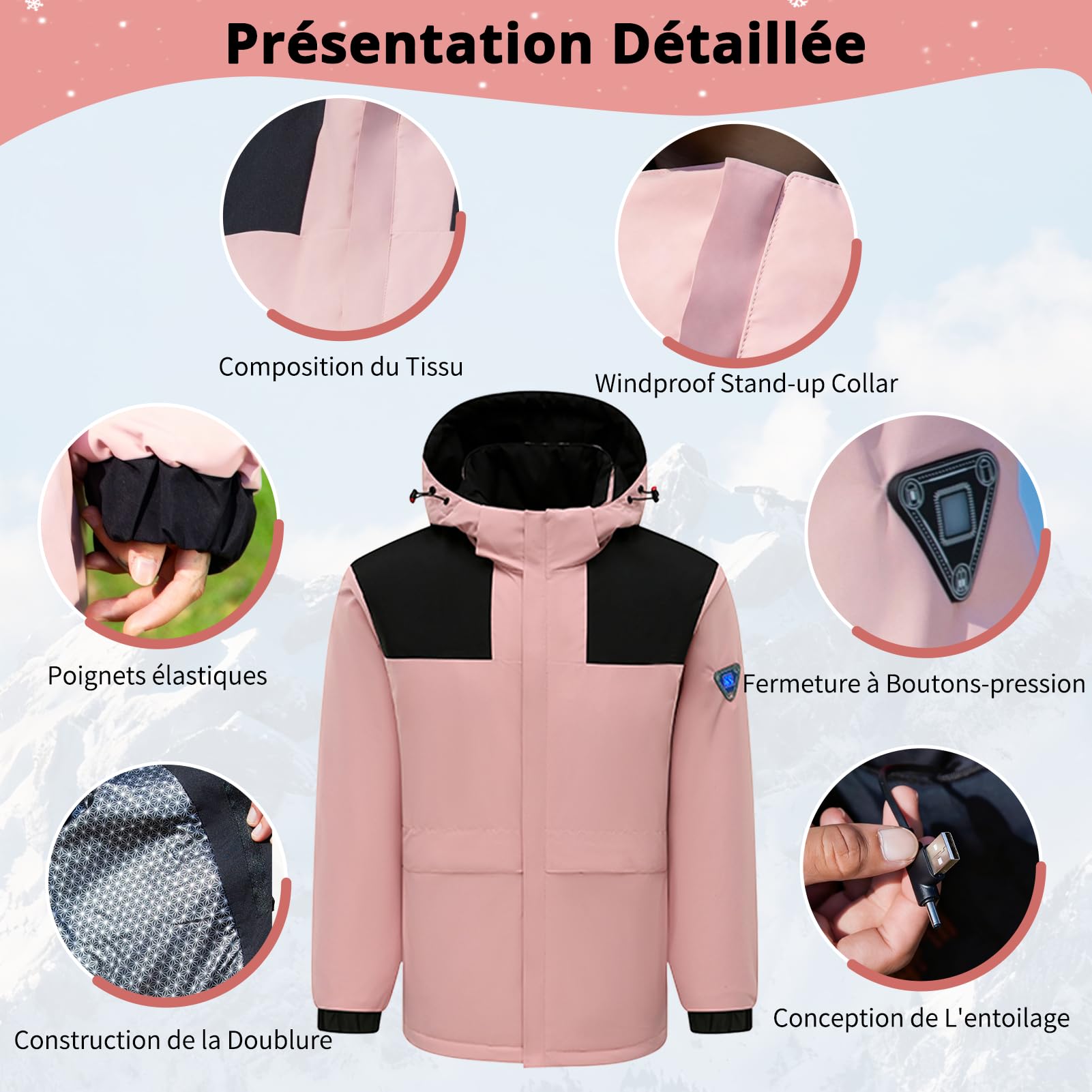 Giacca Riscaldato da Donna Impermeabile Giacca con Cappuccio con Batteria 7.4v, Softshell Calda Giacca Invernale per Moto, Pesca, attività all'aperto