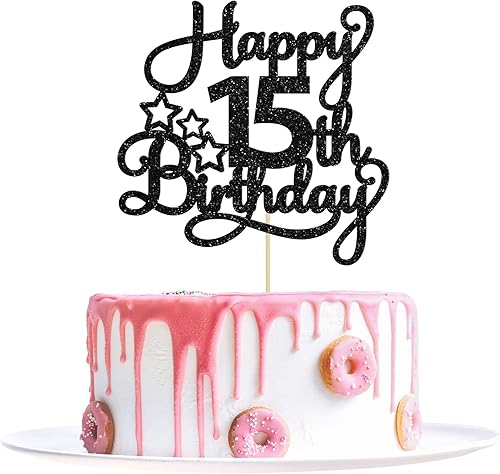 1 paquete de decoración para pastel de cumpleaños número 15 con purpurina negra para cumpleaños de 15 años para celebrar cumpleaños de 15 años,