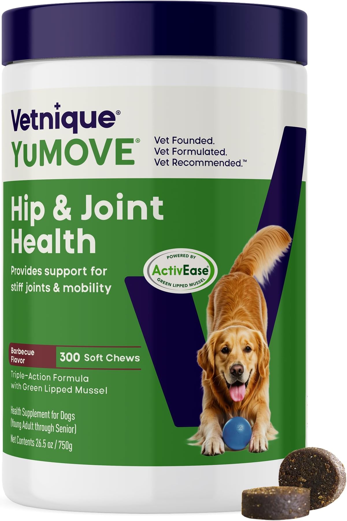 Hip & Joint Supplement for Dogs with Glucosamine, Hyaluronic Acid, Green Lipped Mussel & Omega 3 Joint Supplement - Regular or Advanced Strength (300ct Chews, Regular Strength)