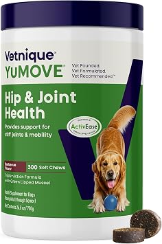 YuMOVE Adult Dog Hip & Joint Soft Chews, ActivEase Green Lipped Mussel, Glucosamine for Dogs, Hyaluronic Acid & Omega 3 - Barbecue Flavor (300ct Chews, Regular Strength)