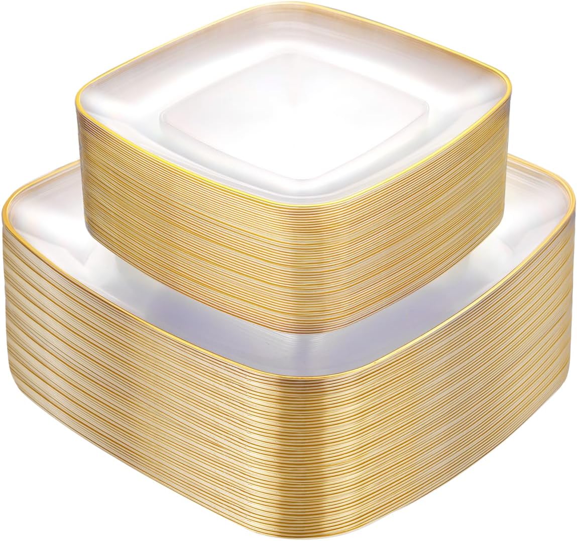 bUCLA 100PCS Clear and Gold Plastic Plates Disposable - Square Gold Heavy Duty - Include 50 Each (Dinner & Dessert) Plates for Party & Thanksgiving