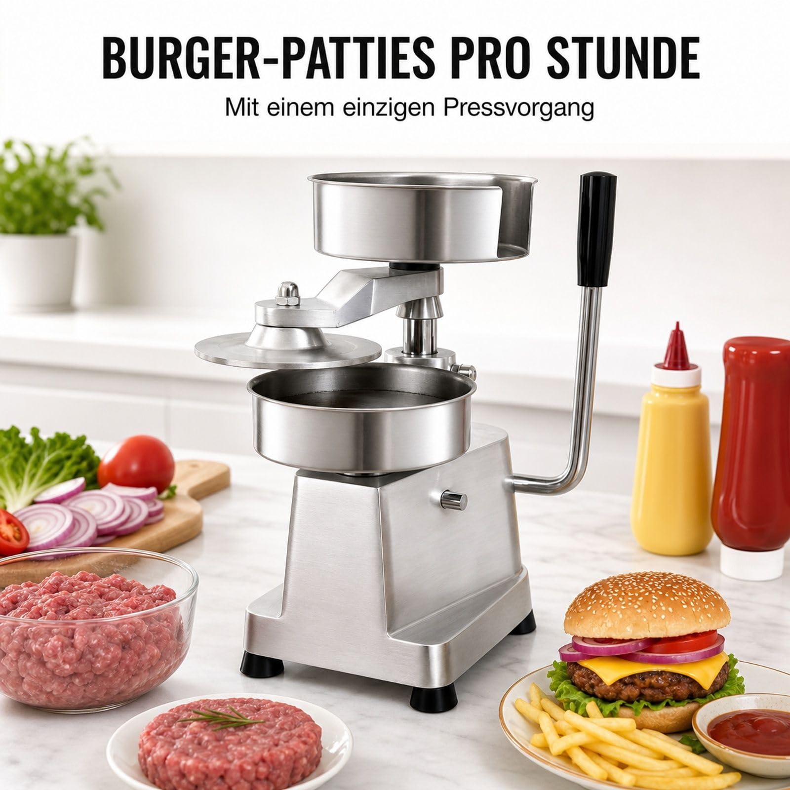 Manuelle Burgerpresse aus Edelstahl mit Griff, Patty-Papier und Handschuhen für Küche, Grillen und Picknick
