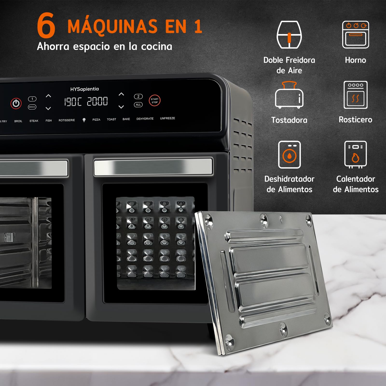 HYSapientia® 22L Freidora de Aire Caliente 2 Cámaras, Freidora sin Aceite con Pantalla Táctil LED, Dual Zone Air Fryer Oven con 10 Programas, Airfryer xxl, Acero Inoxidable, Fácil de limpiar